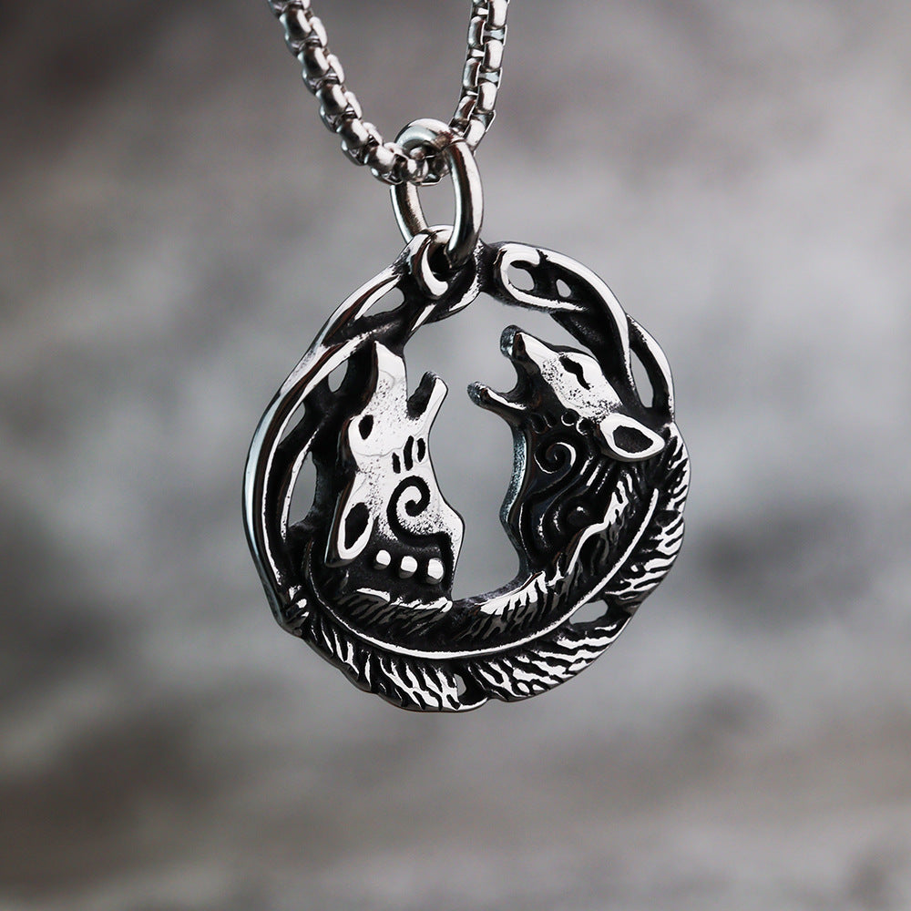 Nordic Ins Style Viking Double Wolf Head Men's Pendant Necklace