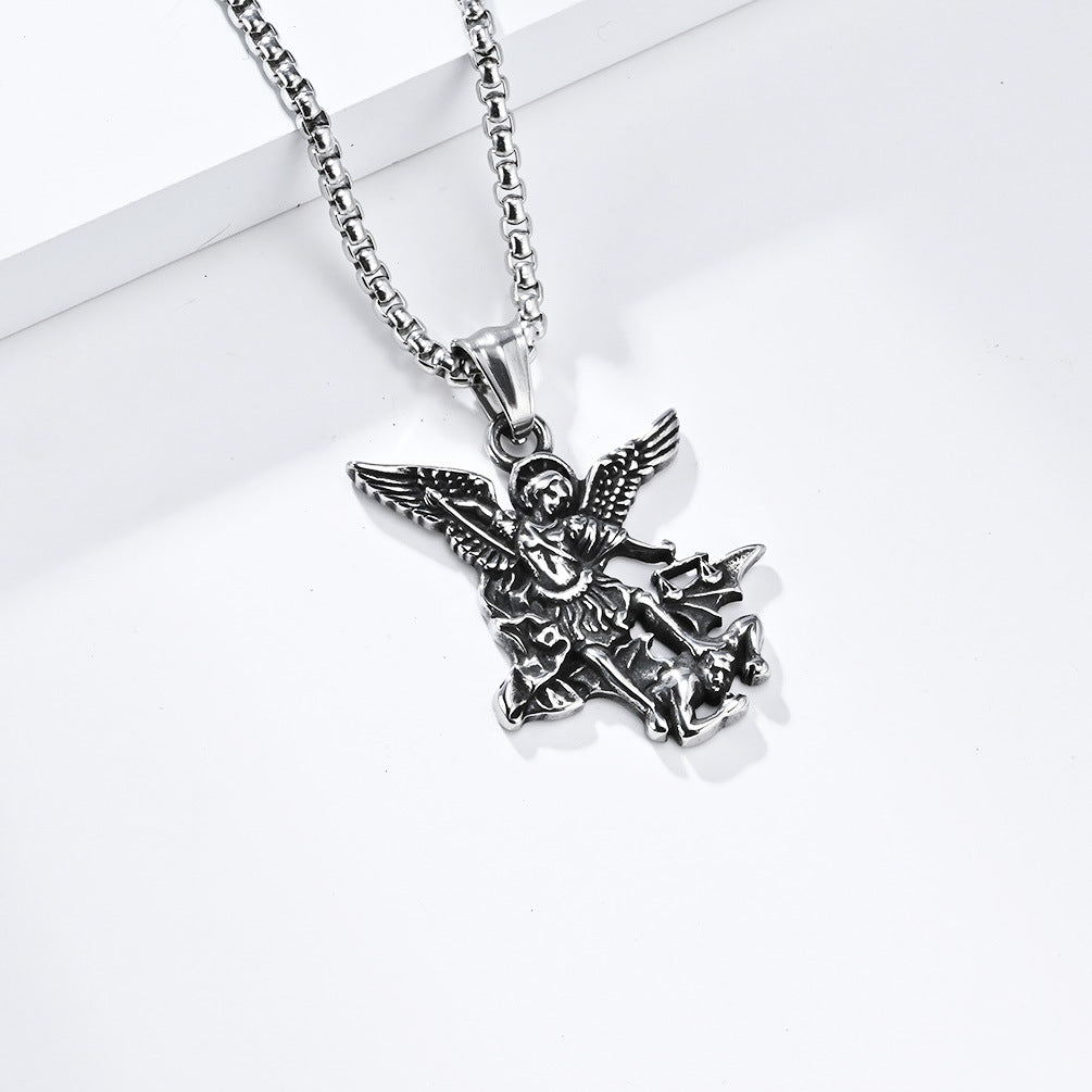 Planderful St Michael Archangel Necklace Fade Resistant Steel Chain Vintage Design Patron Saint Jewelry For Faith Lovers