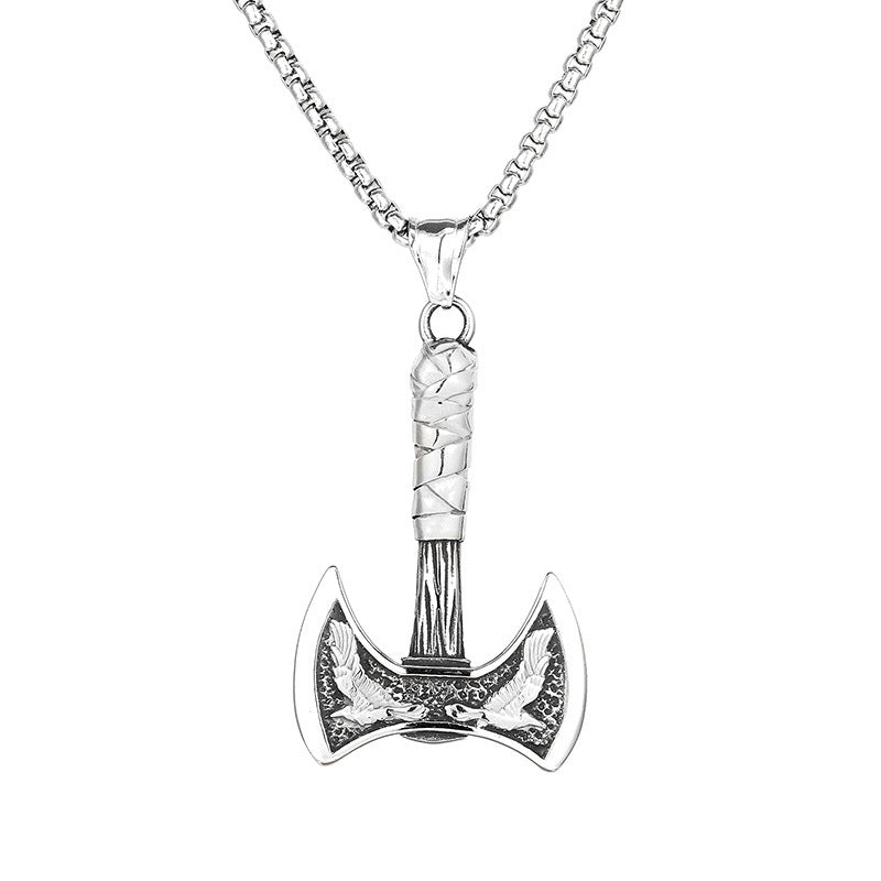 Titanium Steel Viking Crow Double-Headed Axe Pendant for Men - Nordic Mythology Inspired Hip-Hop Jewelry