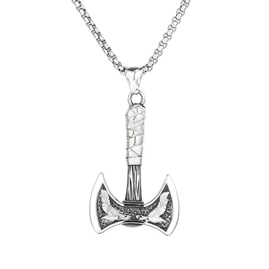 Titanium Steel Viking Crow Double-Headed Axe Pendant for Men - Nordic Mythology Inspired Hip-Hop Jewelry