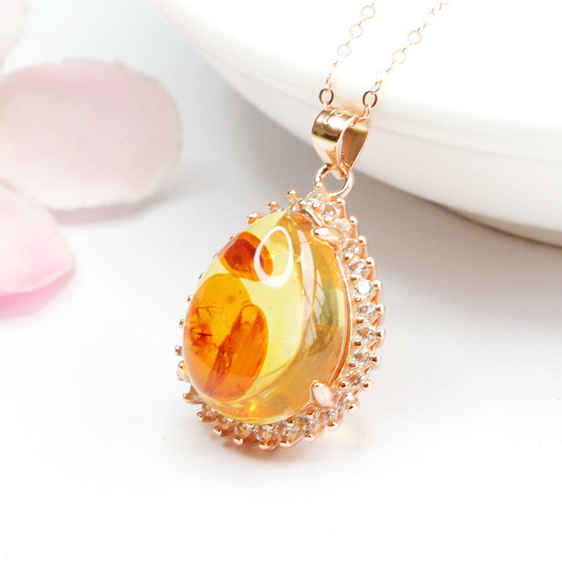Rose Gold Necklace with Beeswax Amber Pendant and Zircon Halo