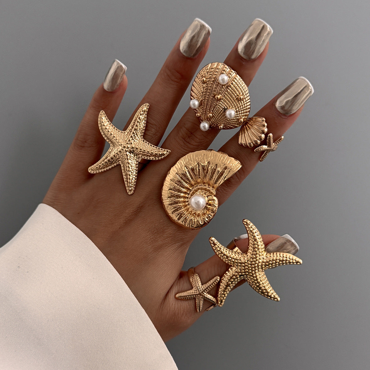 Planderful Vienna Verve Ocean Starfish Ring With Niche Pearl Conch Shell For Women Statement Jewelry