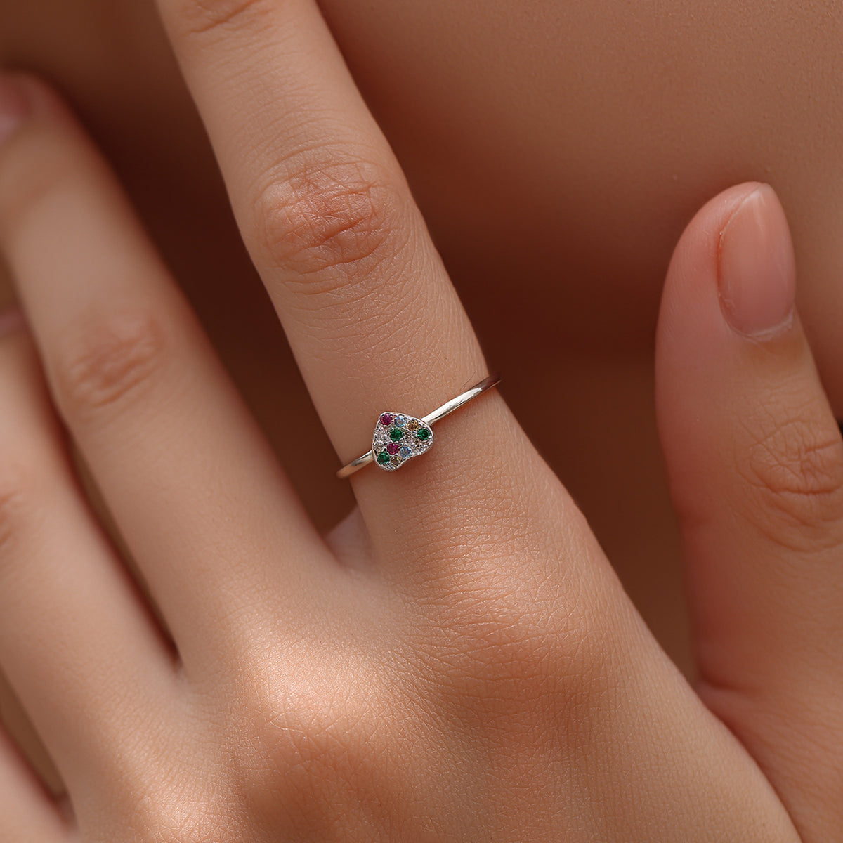 925 Sterling Silver Bow Heart Rainbow Zircon Ring