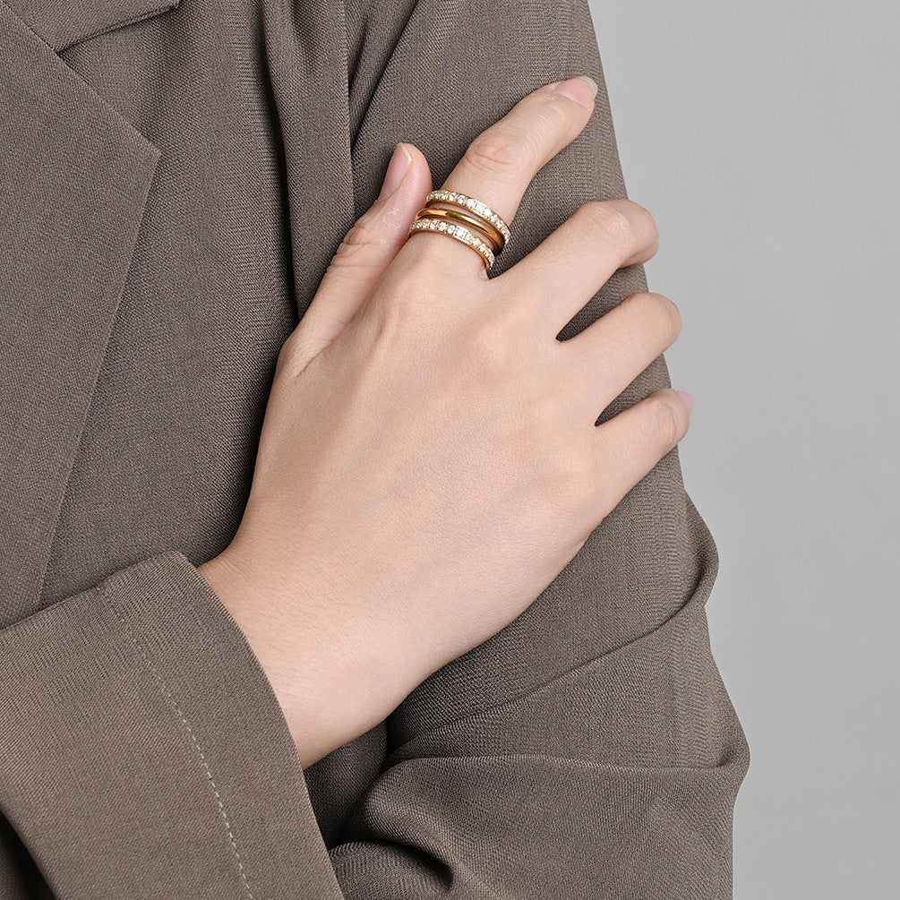 Planderful Everyday Genie Three Ring Stacking Ring Titanium Steel Plated 18K Gold Zircon Unisex Light Luxury