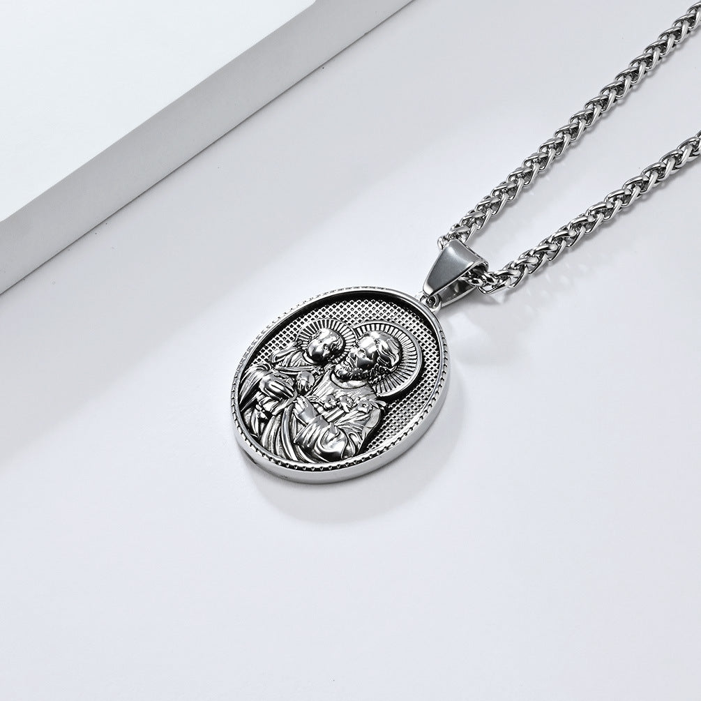 Virgin Mary Titanium Steel Necklace Round Tag Pendant for Men