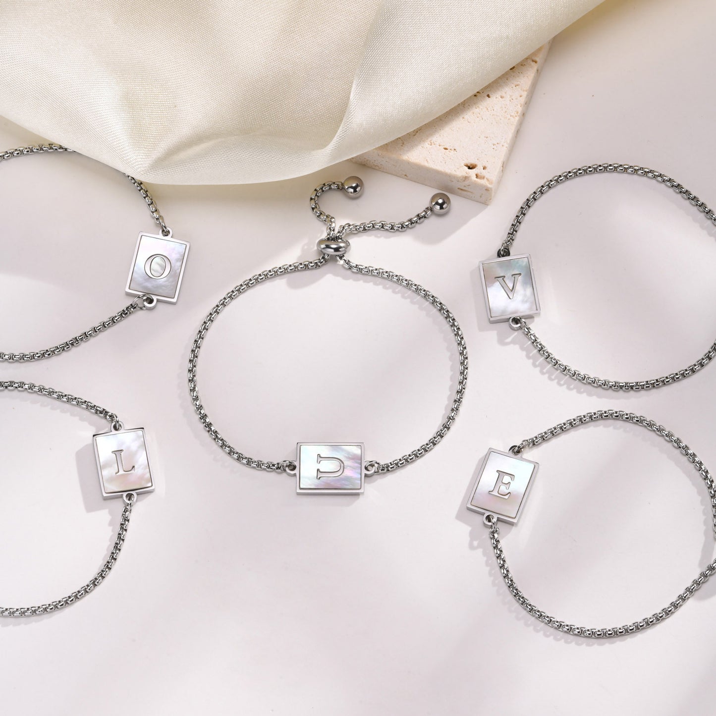 Stainless Steel Shell Letter Square Pearl Chain Ladies Bracelet