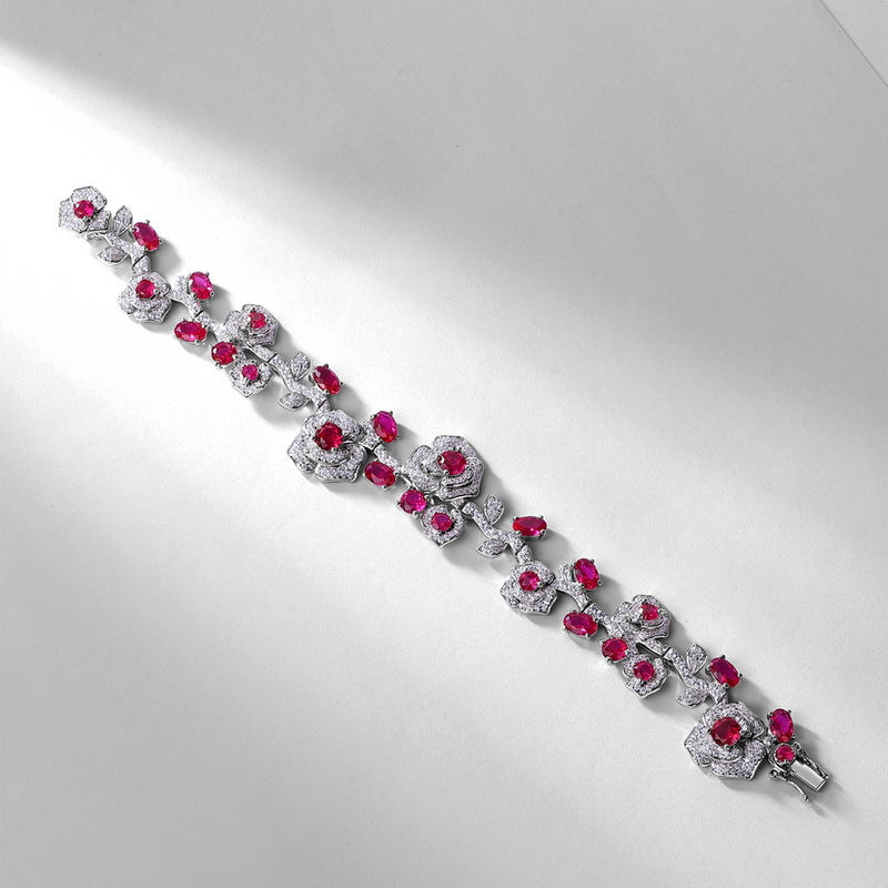 Planderful Gala Fireworks – Cross-border New Light Luxury Retro Pigeon Blood Red Lab Grown Ruby Bracelet S925 Sterling Silver Rose Colored Treasure Jewelry Women
