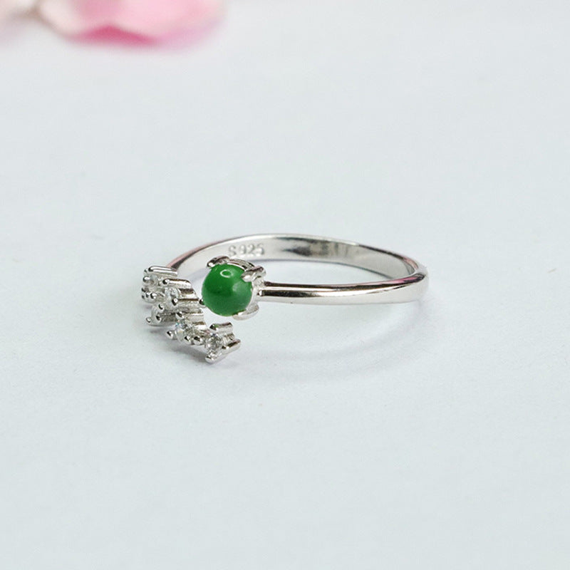 Sterling Silver Adjustable Ice Emperor Green Jade Ring with Zircon Stars