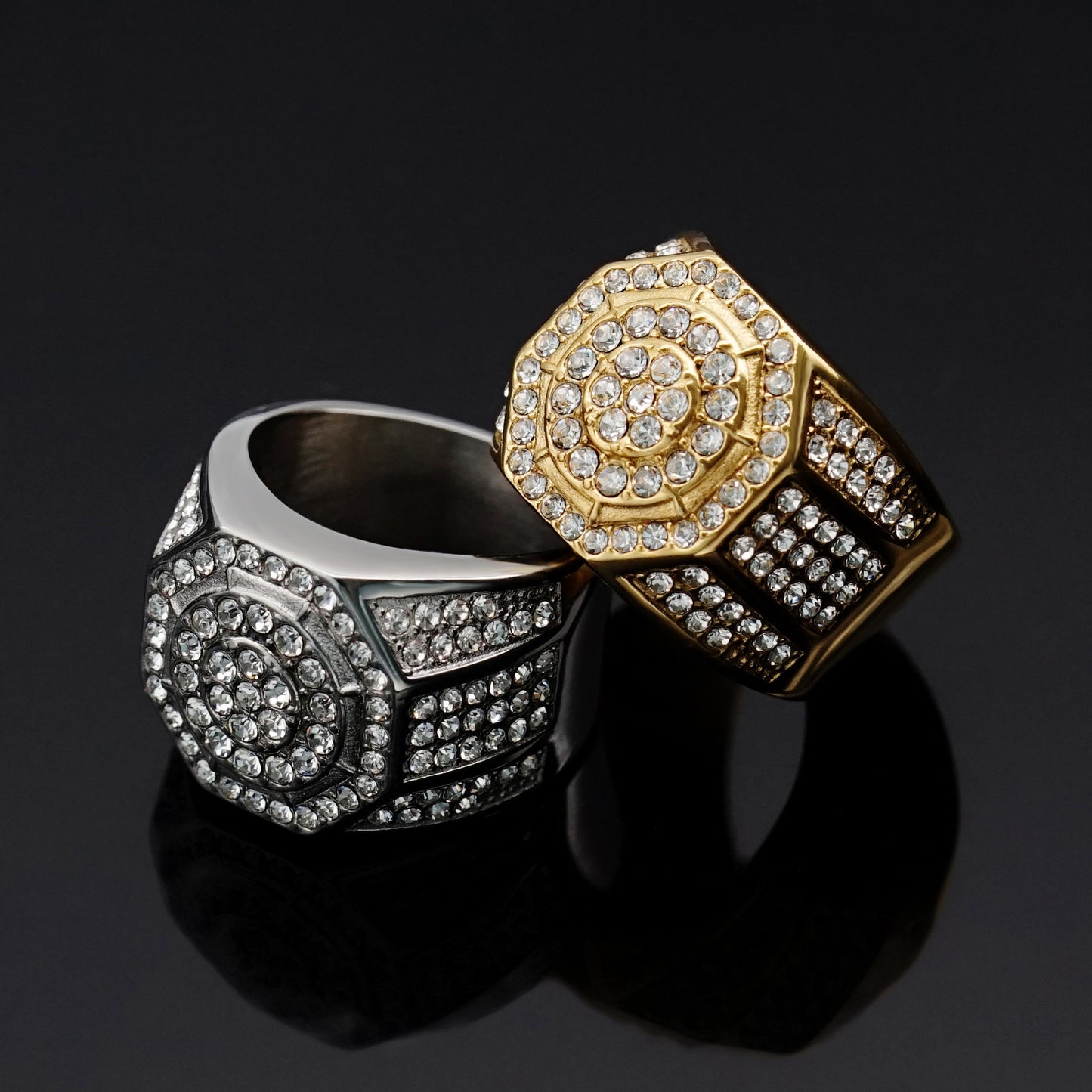 Planderful Stainless Steel Octagon Ring With Zircon Stones Hip Hop Luxury Bold Unisex Statement For Men And Women