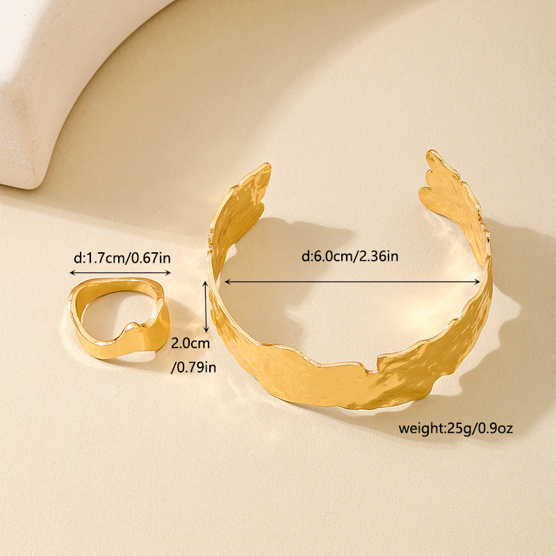 Fashionable Metal Wide-Sided Women's Bracelet Ring Set