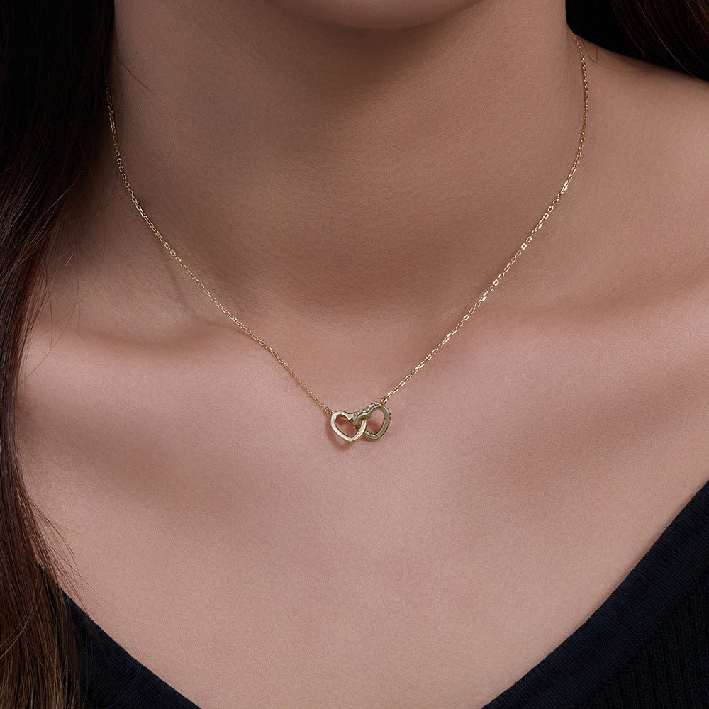 S925 Sterling Silver Zircon Love Interlocking Necklace Heart-Shaped