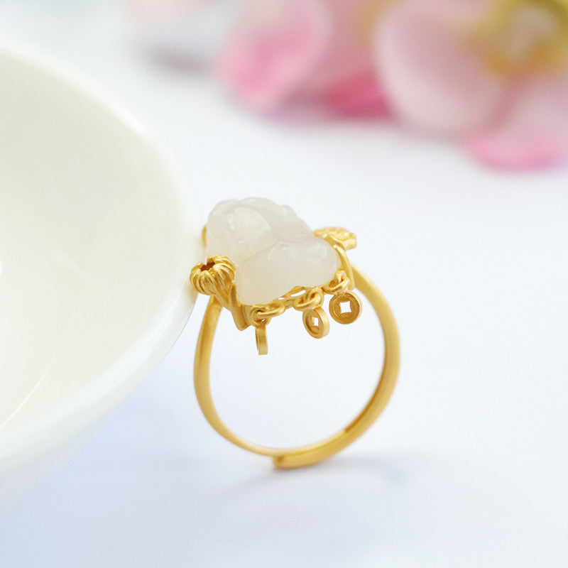 Sterling Silver Pixiu Ring with White Jade Lotus Seeds and Leaves