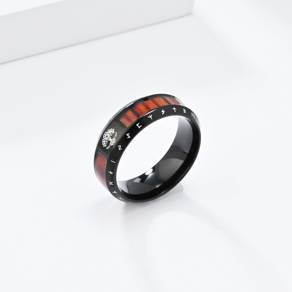 Steel Ring – Vintage Nordic Viking World Tree Men's Ring With Wood Grain Texture And Bold Design