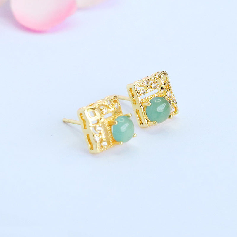 Blue-Water Jadeite Window Motif Stud Earrings