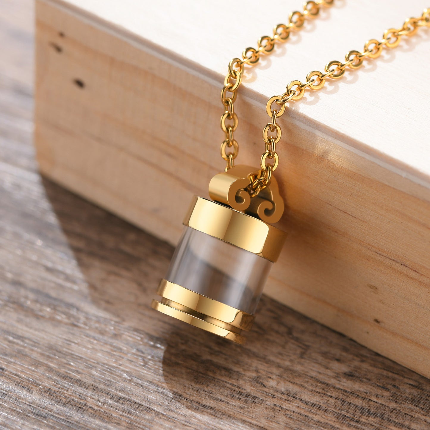 Stainless Steel Glass Transparent Urn Pendant Necklace Case