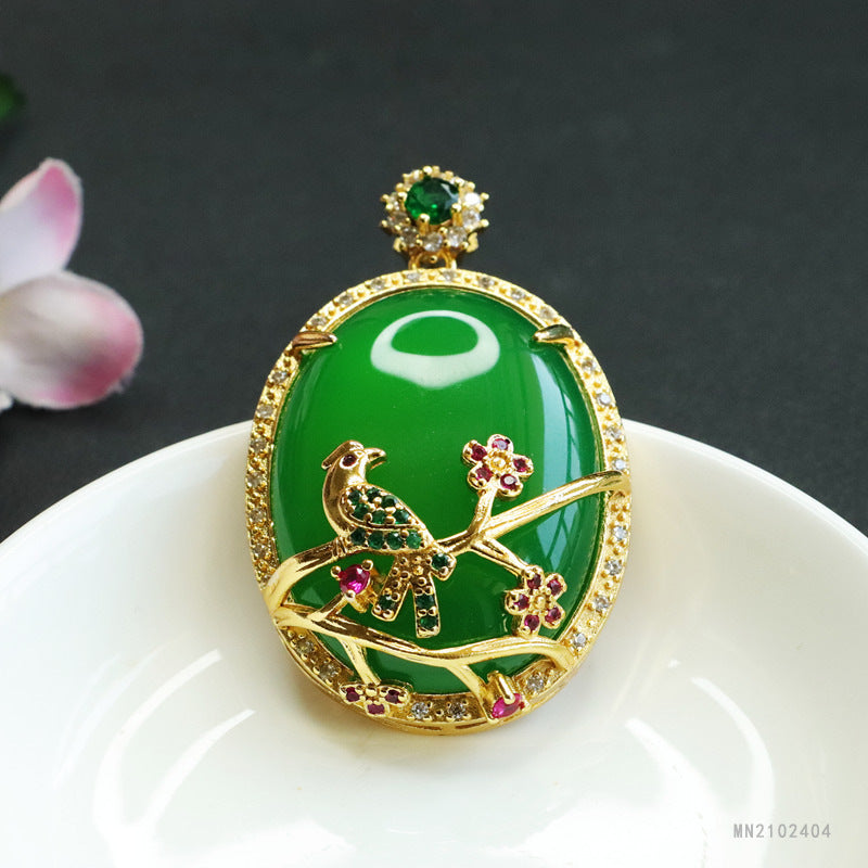 Chalcedony Bird-on-Branch Pendant — No Chain