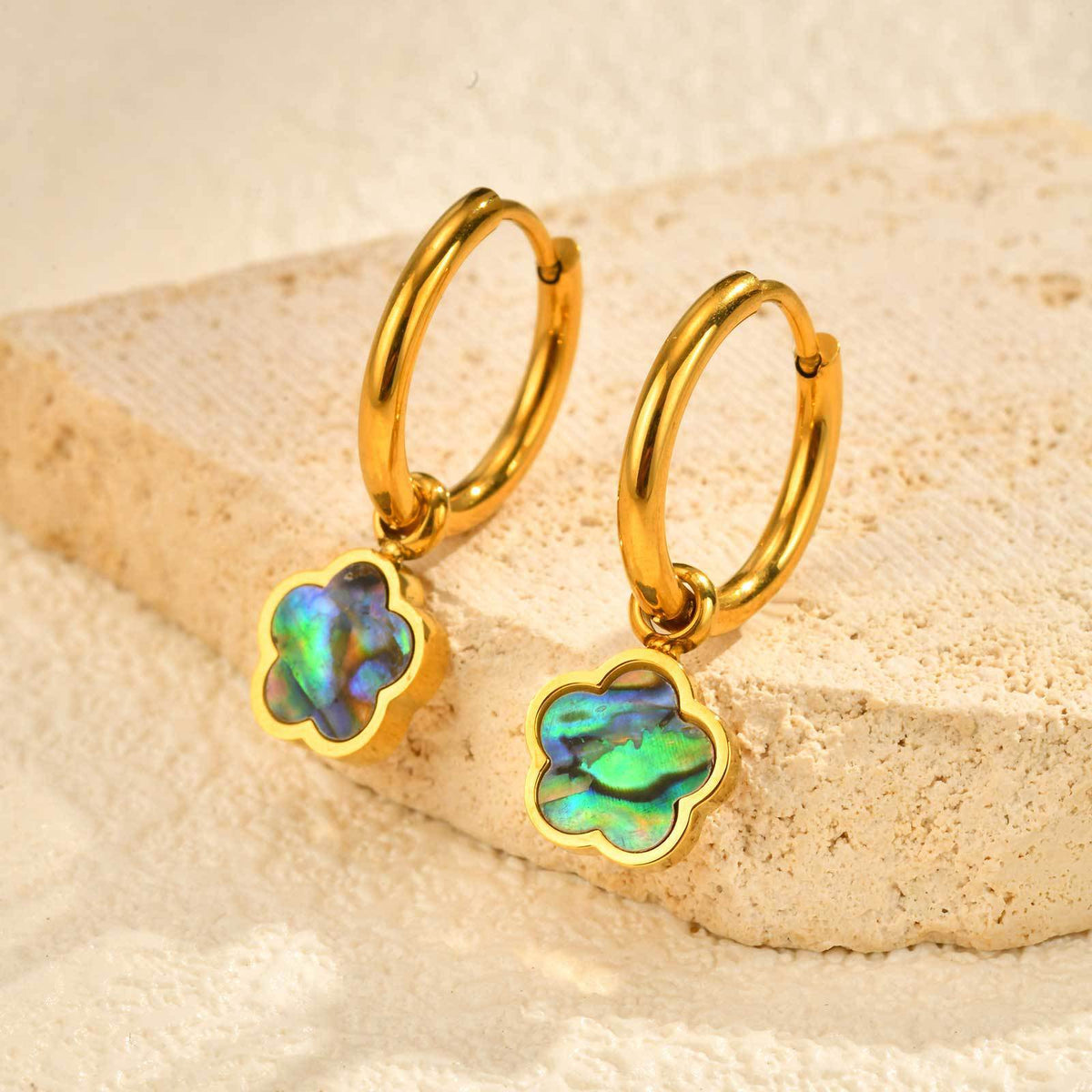 Iridescent Flower Charm Hoop Earrings — Gold Pair