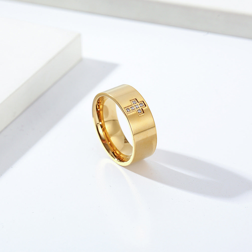 Planderful Everyday Genie Mens Korean Style Zircon Cross Ring Glossy Simple Personality Trendy Accessory