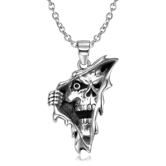Halloween Skull in Cracks Silver Necklace