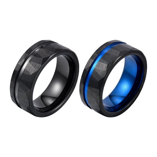 Black 8mm Tungsten Steel Ring Brushed Inner Hammer Texture