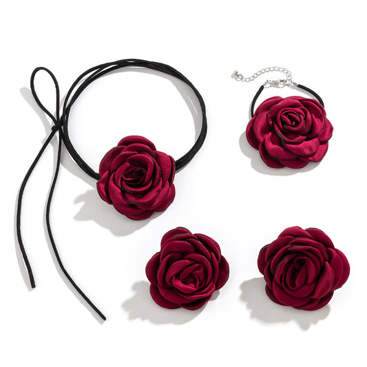 European and American Vintage Rose Velvet Choker Necklace with Satin Flowers for Women's Hair Accessory Set