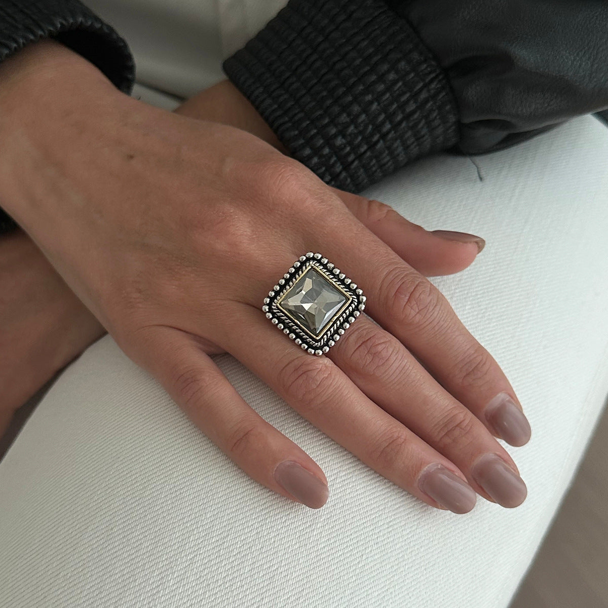 Planderful Vienna Verve Vintage Geometric Inlaid Zircon Open Ring Handcrafted Statement Jewelry For Women