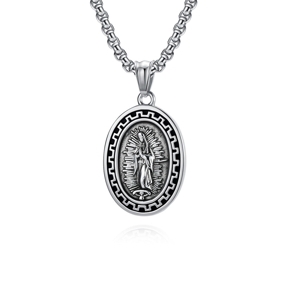 Planderful Virgin Mary Necklace For Men Retro Street Punk Steel Pendant Titanium Finish