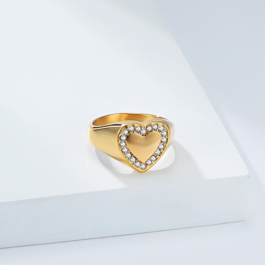 Planderful Heart Shaped Zircon Ring Titanium Steel Gold Plated For Fashionable Women Elegant Everyday Jewelry