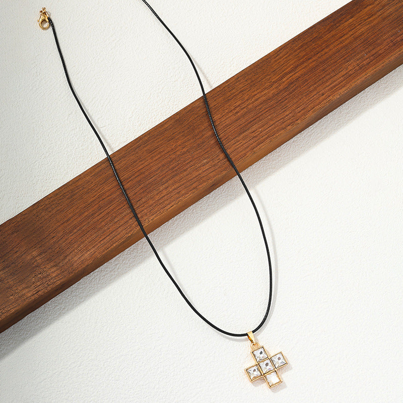 Retro Black Leather Rope Glass Cross Necklace for Women
