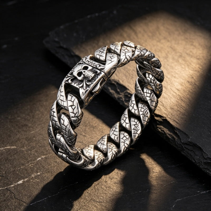 Gothic Ice Crack Skull 20mm Cuban Punk Dark Casting Stainless Steel Men's Bracelet