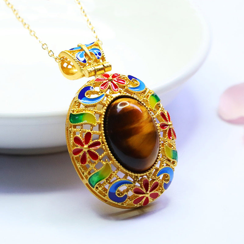 Yellow Tiger Eye Enamel Petal Pendant — No Chain