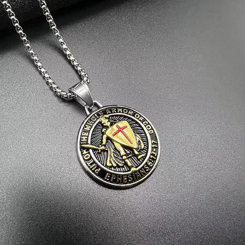 Planderful Everyday Genie Templar Pendant Necklace For Medieval Western Style Lovers Gold Plated Steel Epoxy Finish