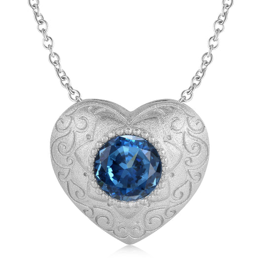 Sandblasting Pattern Heart Shape Pendant Round Cut Blue Zircon Silver Necklace
