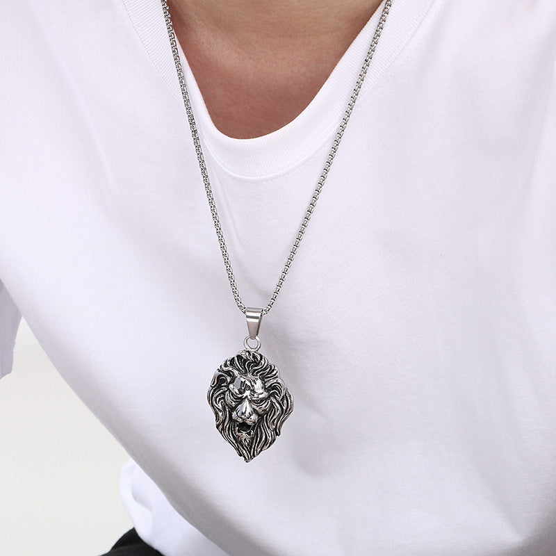 Planderful Lion Head Zircon Pendant Steel Mens Necklace