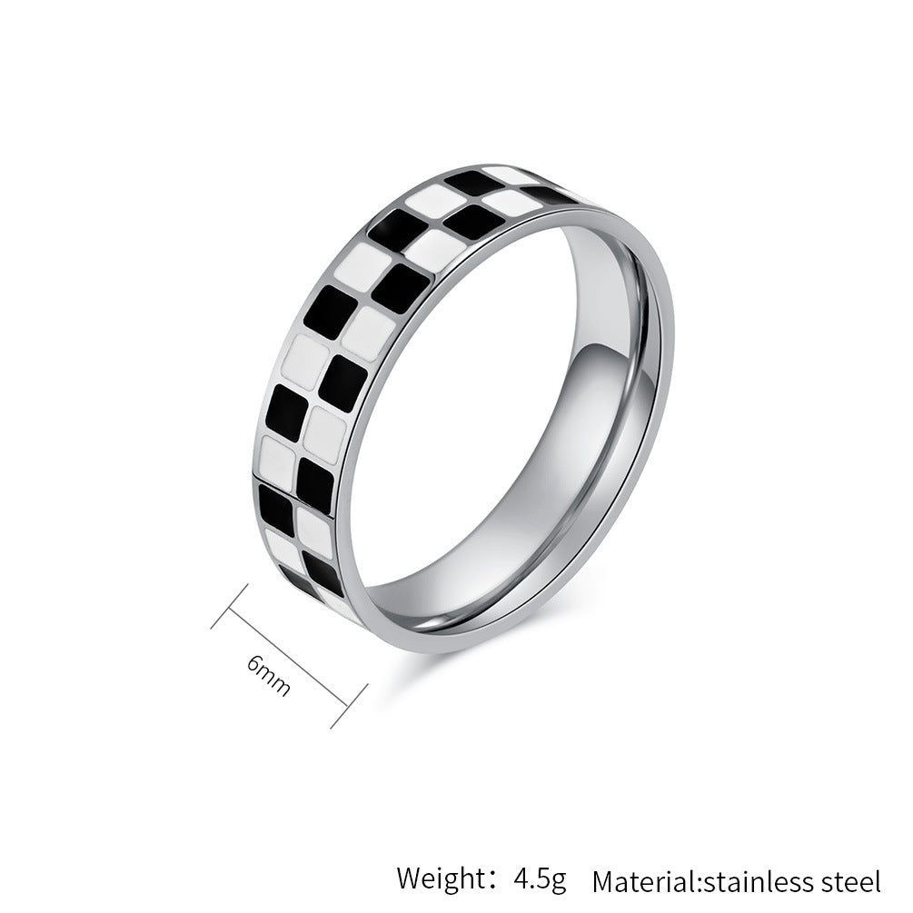 Planderful Everyday Genie Titanium Steel Ring For Women Black White Grid Square Design Elegant Jewelry Sizes 5 To 10