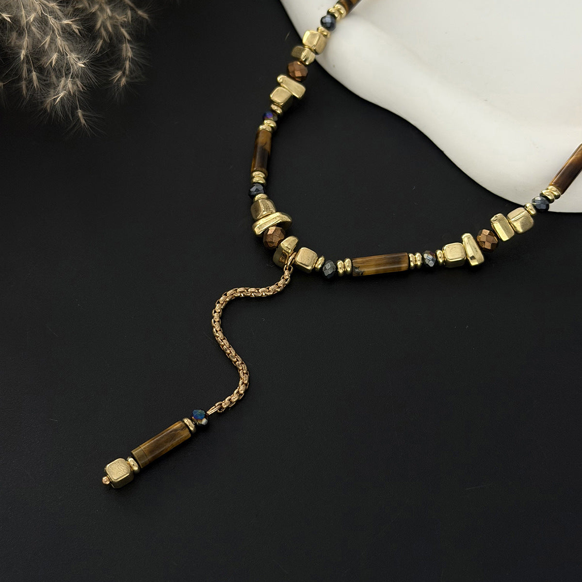 Cold Wind Splicing Round Bead Y-Shaped Collarbone Necklace French Beaded Retro Neck