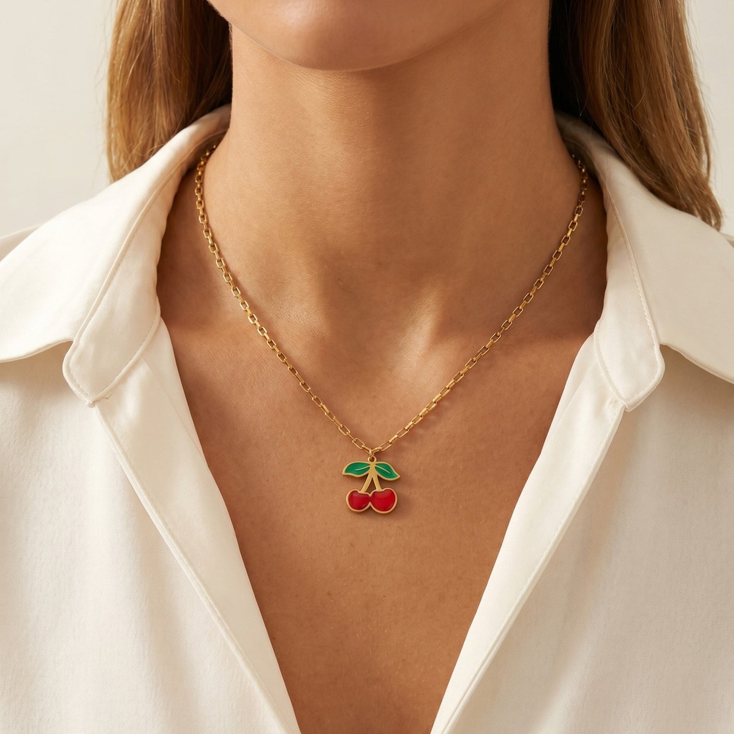 Cute Dopamine Stainless Steel Cherry Stud Earrings Necklace Set Sweet Daily Gift