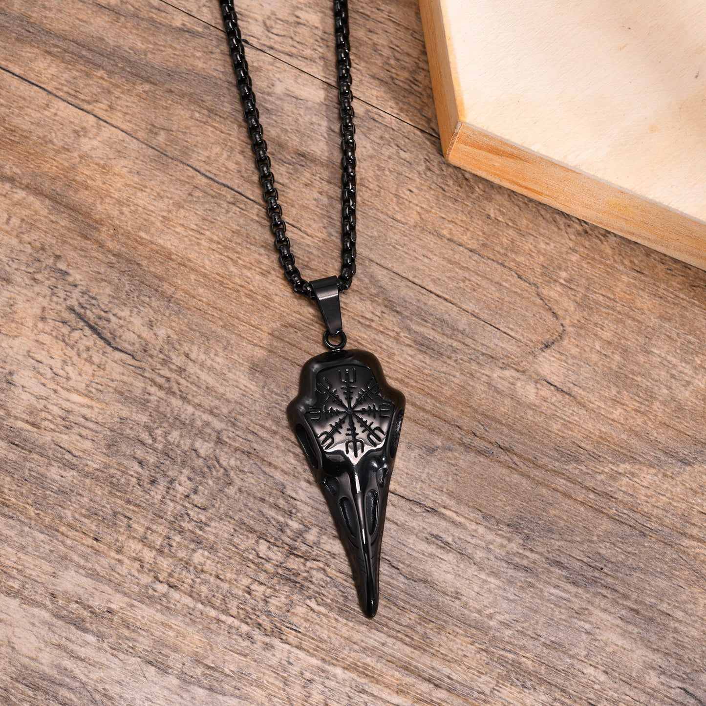 Stainless Steel Viking Crow Skull Pendant Gold Men's Necklace