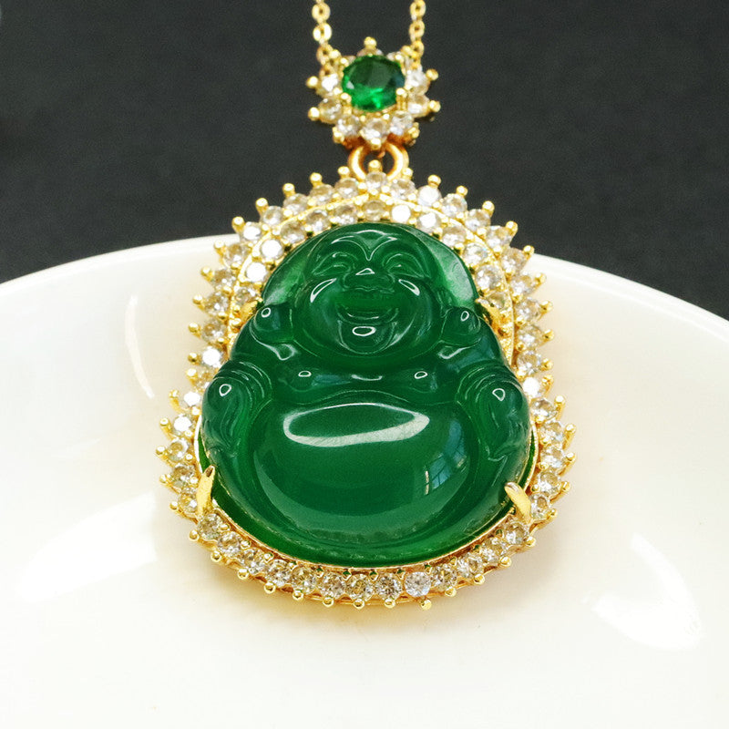 Green Chalcedony Buddha Pendant Sterling Silver Necklace with Zircon Accents