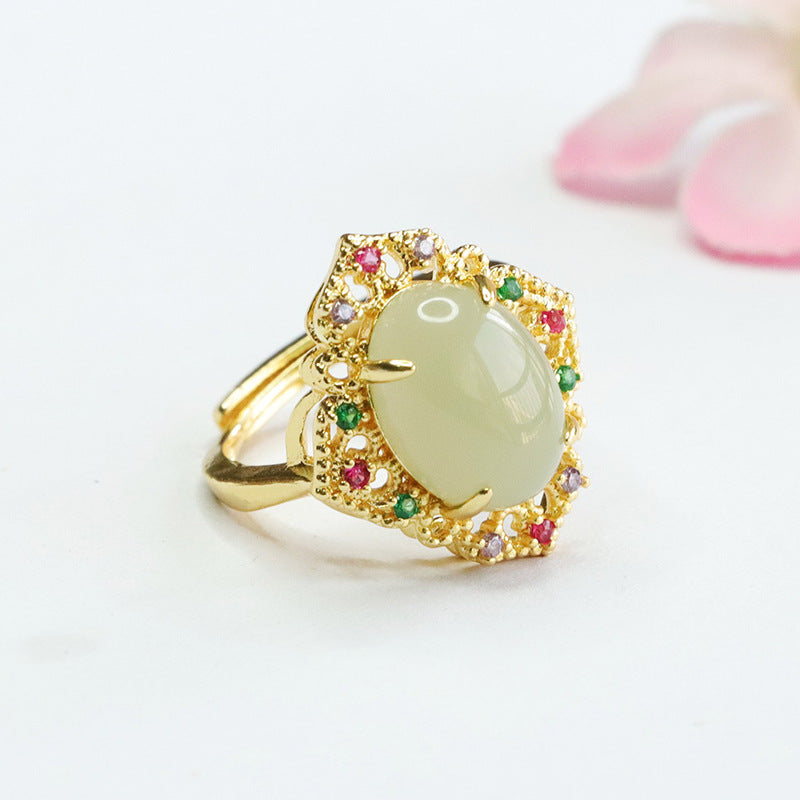 Vibrant Zircon and Hotan Jade Sterling Silver Ring
