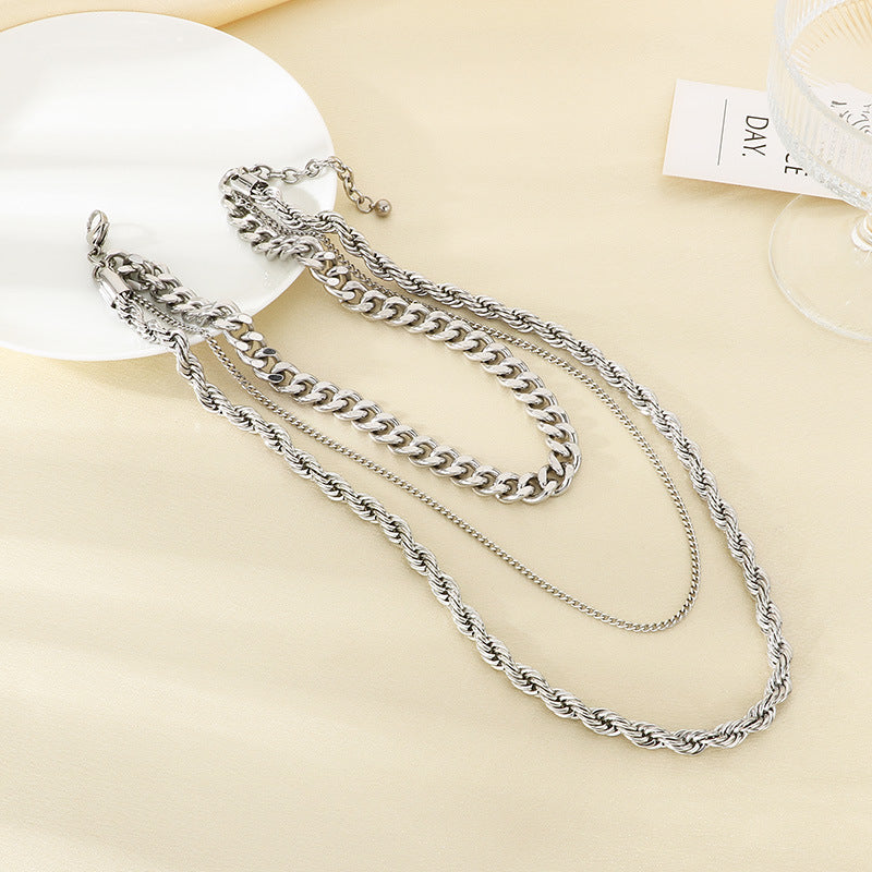 Hipster Stainless Steel Plain Chain Hip Hop Simple Multilayer Stacked Strap Cuban Chain Necklace