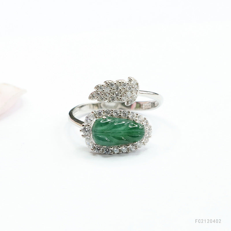 Icy Green Jadeite Leaf 925 Silver Ring