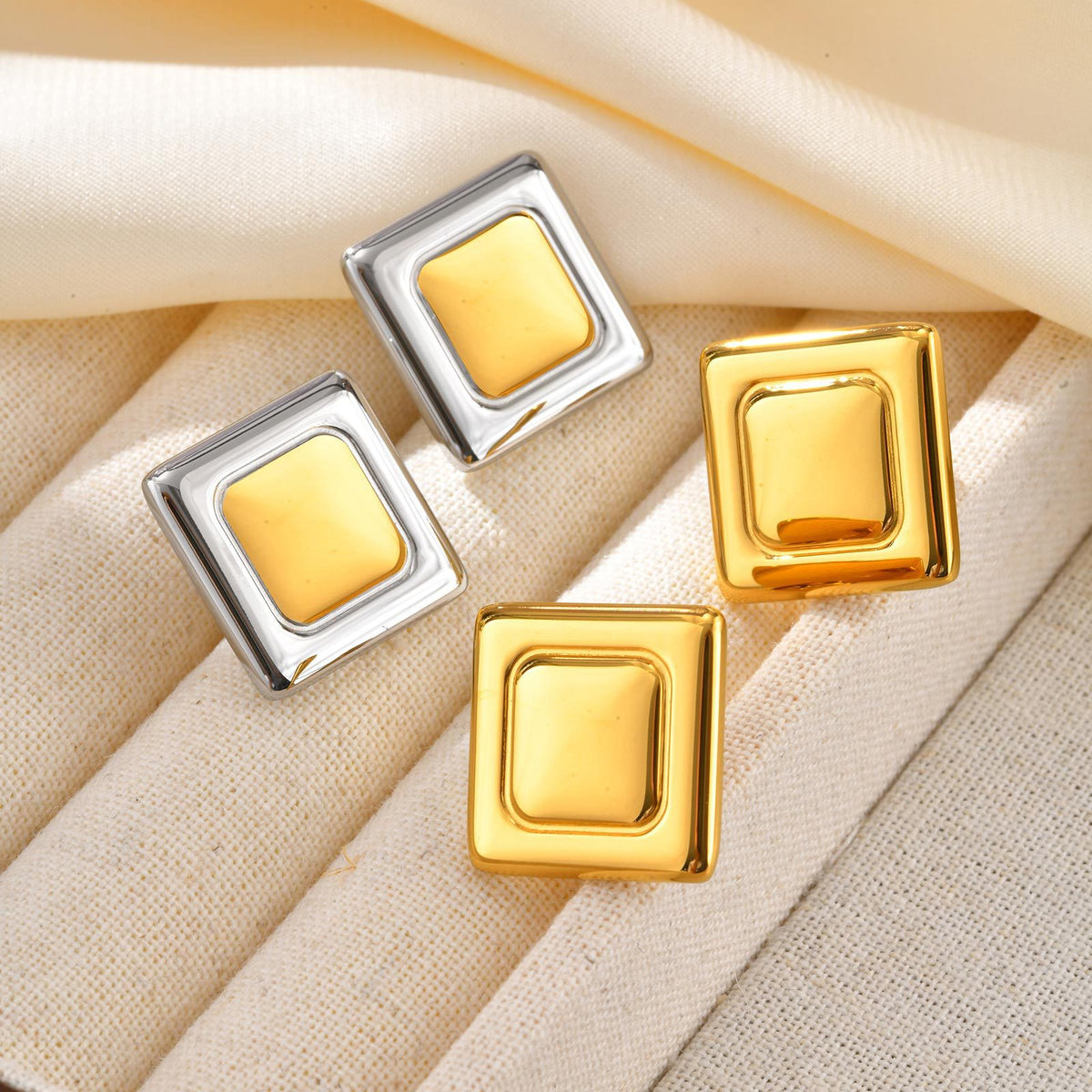 Geometric Square Stud Earrings — Gold or Two-Tone