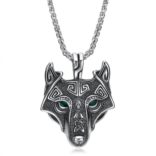 Planderful Everyday Genie Wolf Head Pendant Necklace Stainless Steel Green Eyes Nordic Viking Celtic For Men
