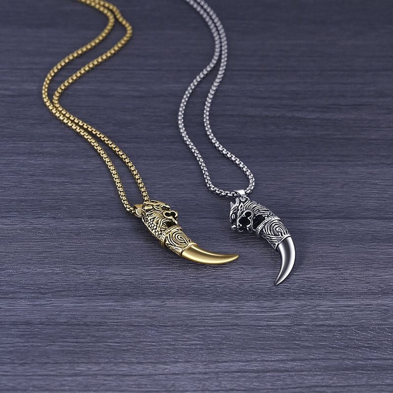 Planderful Viking Wolf Fang Necklace For Men Stainless Steel With Titanium Finish Norse Symbol Pendant