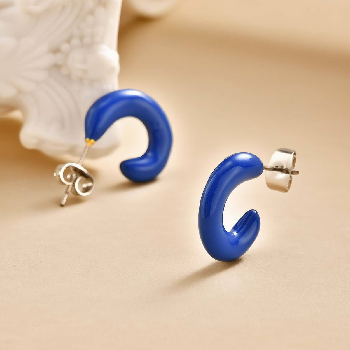 Cobalt Blue Enamel C-Hoop Stud Earrings