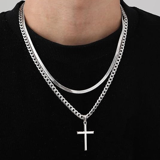 1. Planderful Cross Pendant Necklace Titanium Steel For Men Cuban Chain Double Layer Hip Hop Style Gift
