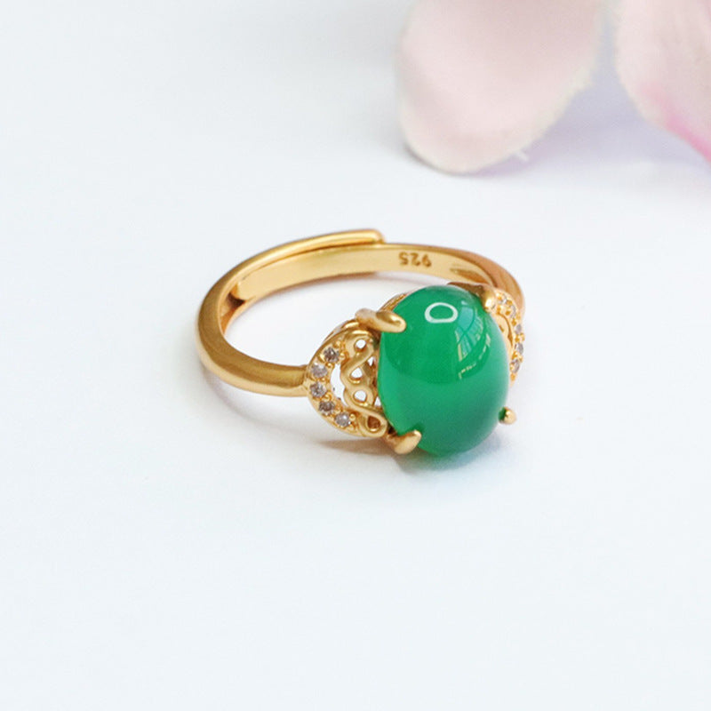 Ethnic Style Hollow Ruyi Ring with Green Chalcedony Zircon Ice Emperor Touch