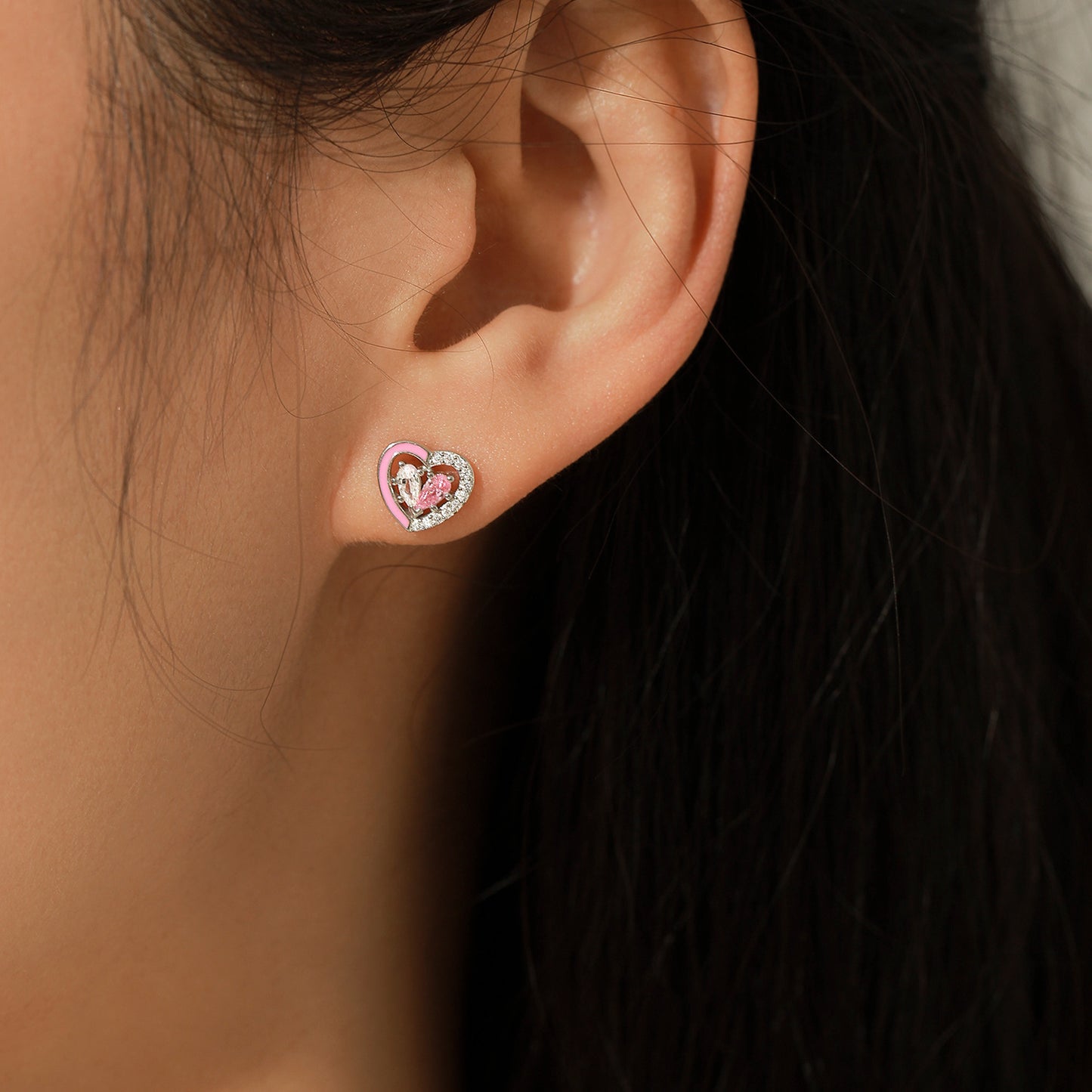Planderful Everyday Genie Earrings – Elegant Pink Enamel Heart with Zircon Accents