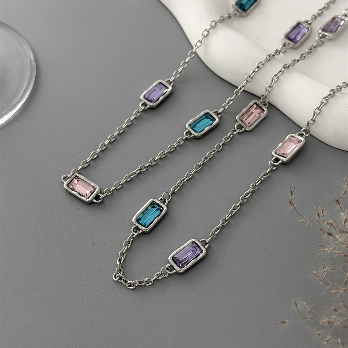 Creative Color Splicing Square Zircon Back Chain Long Dopamine U-Shaped Necklace